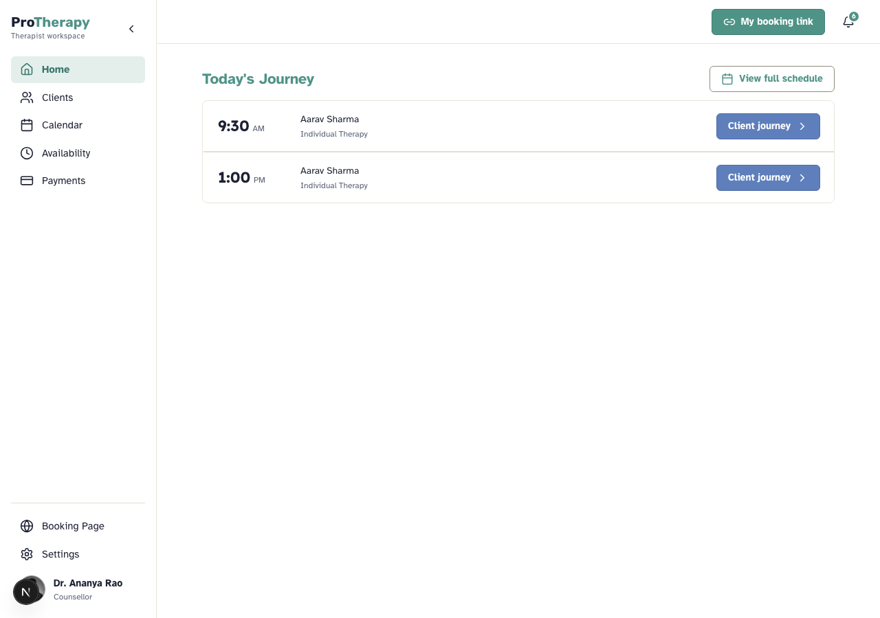 The ProTherapy therapist dashboard home screen